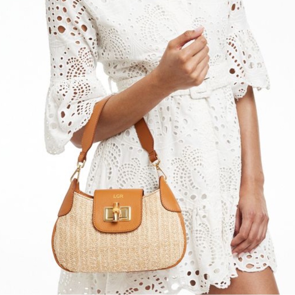 Mark & Graham faux Raffia Shoulder Bag! Tan Leather, Bamboo Latch & Gold Accent!